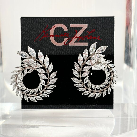 NWT Marquise Cubic Zirconia Kenneth Jay Lane White Gold Spiral Foliage Clip Ons - Picture 4 of 10